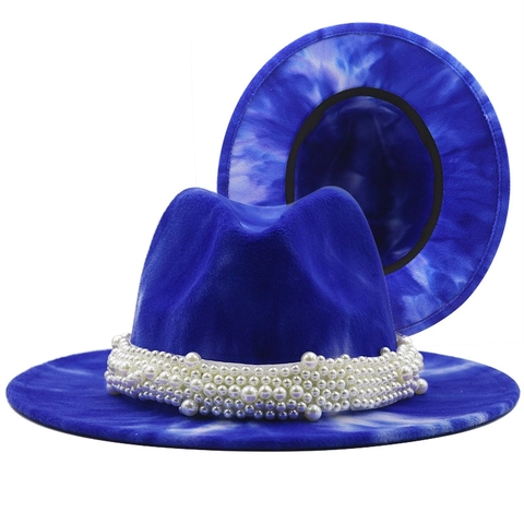 Sombrero Fedora Tie Dye Fieltro De Lana Ala Ancha Elegante Banda De Perlas Artificiales Vintage Jazz Gorra Para Mujeres Hombres Vacaciones Fiesta
