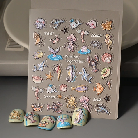 5D Reliëf Nagelstickers Oceaan Mariene Organismen Thema Waterdicht Zelfklevend Zeepaardje Schelp Kwal Manicure Decoraties