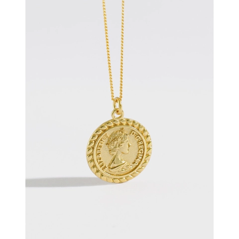 Collar con Colgante de Moneda Isabel II de Plata de Ley 925 para Mujer Doble Capa Chapado en Oro Cadena de Clavícula Retro
