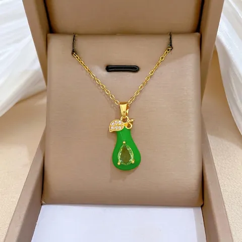 Pear Shape Pendant Necklace Green Zircon Gold Plated Stainless Steel Chain Elegant Luxury Jewelry For Women