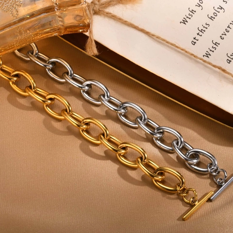 Minimalistisches Edelstahl OT Verschluss Grobe Kette Armband Für Damen Gold Silber Galvanisiert Mode Schmuck Geschenk