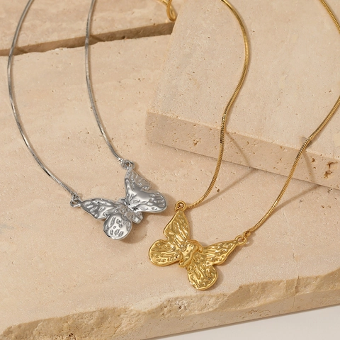 Textured Butterfly Pendant Necklace 316 Stainless Steel Minimalist Square Snake Chain Elegant Jewelry For Women