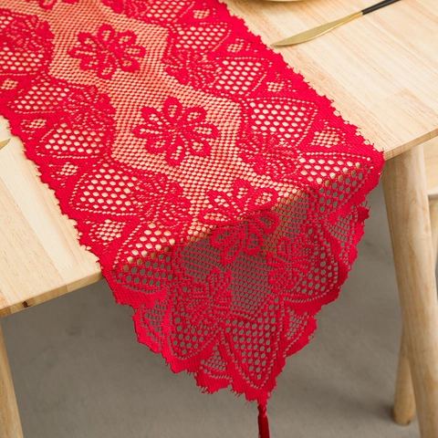 Vintage Hollow Lace Table Runner With Tassels Polyester Floral Crochet Tablecloth For Dining Room Wedding Party Home Decor