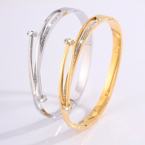 Stainless Steel Nail Mobius Bangle For Women Double Layer Crossed Pave Cubic Zirconia Luxury Trendy Fashion Jewelry