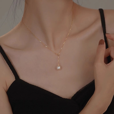 Élégant Collier en Cuivre Plaqué Or Avec Perle d'Eau Douce Forme de Riz Chaîne en Y Collier Réglable Bijoux pour Femmes