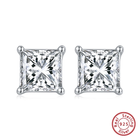 Princess Cut Square Zirconia Stud Earrings 925 Sterling Silver 14K Gold Plated Four-Prong Inlaid Jewelry For Women