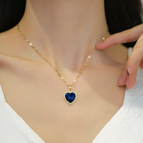 Herz Anhänger Halskette Mit Edelstahlkette Kupfer Mikro Eingelegt Blauer Edelstein Strass Schlüsselbeinkette Luxus