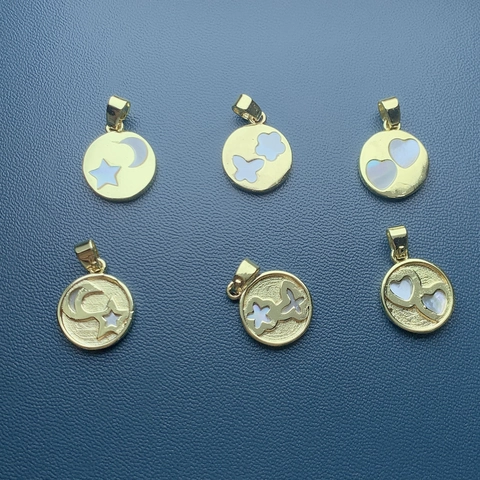 Pendente Rotondo Rame Placcato Oro 18K Madreperla Bianca Naturale Stella Luna Cuore Farfalla Ciondolo Per Gioielli DIY