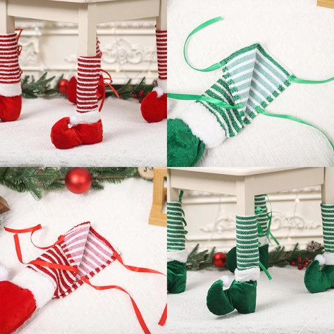 Couvre-Pieds De Table Chaise Bottes De Lutin De Noël Tissu Rayé Protecteurs De Meubles Décoratifs Fournitures De Fête