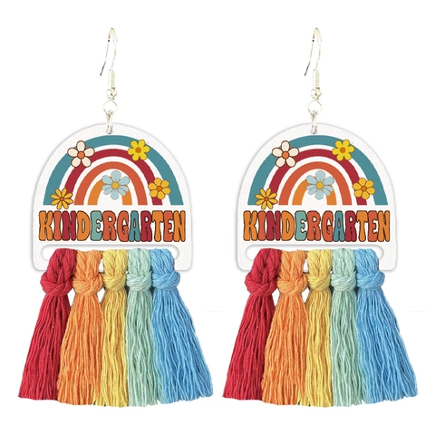 Rainbow Tassel Earrings Wood Bohemian Back To School Teacher Gift For Women Girls Grade Level Printed Retro Jewelry