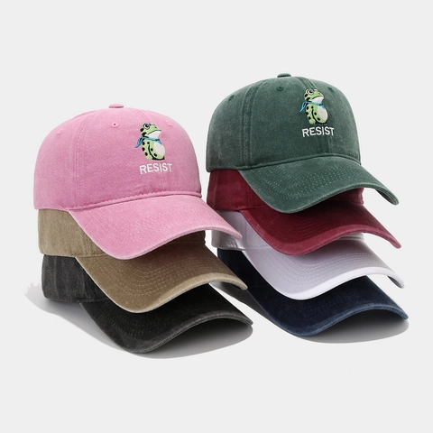 Casquette De Baseball En Coton Lavé Avec Broderie Grenouille Et Lettre Resist Rétro Ajustable Chapeau De Papa Extérieur