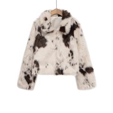 Giacca Da Donna Stampa Mucca Pelliccia Sintetica Corta Manica Lunga Collo Revers Elegante Motivo Animale Streetwear