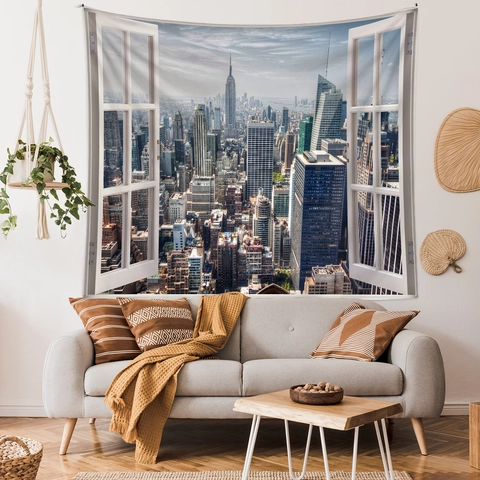 Arazzo Da Parete Poliestere Paesaggio Urbano New York Vista Finestra 3D Sfondo Decorazione Stanza Casa Estetica