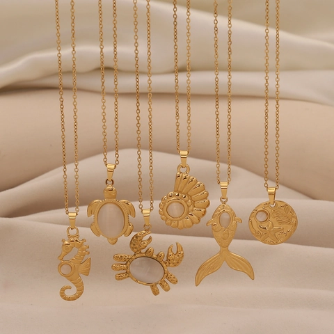 Stainless Steel Ocean Animal Pendant Necklace With White Cat Eye Stone Gold Plated Sea Turtle Seahorse Jewelry For Women