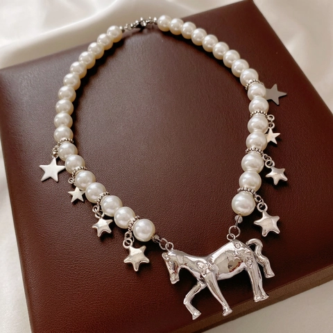 Artificial Pearl Necklace With Silver Horse Pendant And Star Charms Faux Artificial Pearl Glass Alloy Elegant Fashion Jewelry For Women