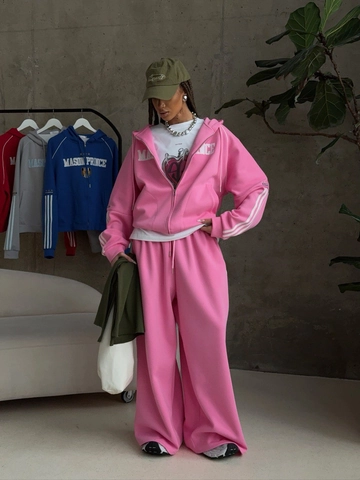 Tuta Da Ginnastica Donna Misto Cotone Felpa Con Cappuccio E Zip E Pantaloni Larghi Ricamo Streetwear Casual Sportivo