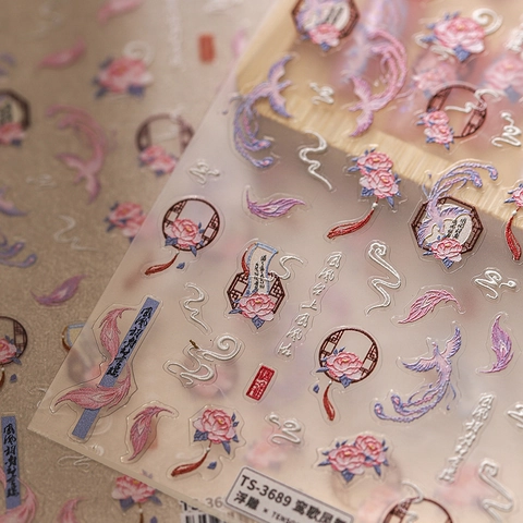 5D Embossed Nail Art Stickers Chinese Style Phoenix Peony Flower 3D Self Adhesive Retro Manicure Decals For Women