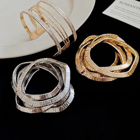 Fashion Multi Layer Metal Bangle Bracelet For Women Geometric Minimalist Metallic Style Gold Silver Color Trendy Jewelry