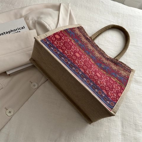 Sac À Main Fourre-tout En Jute Et Lin Imprimé Ethnique Grande Capacité Style Bohème Motifs Éléphant Sac À Épaule Décontracté
