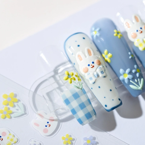 3D Relief Nail Stickers Cute Cartoon Rabbit Bear Flower Adhesive Decals For Women Girls DIY Manicure Art Decoration