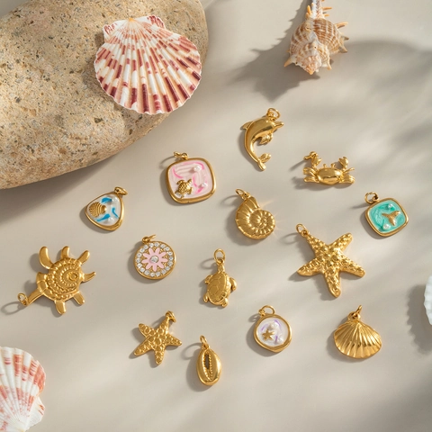 Marine Ocean Animal Charms Pendants Stainless Steel Gold Plated Enamel Artificial Pearl Waterproof DIY Jewelry Making Accessories