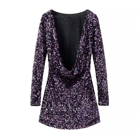 Langarm Mini Paillettenkleid Rundhalsausschnitt Dunkelviolett Bodycon Party Schlank Elegant Glitzer Abend Damen
