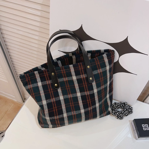 Retro British Plaid Tote Bag Cotton Canvas Handbag Large Capacity With Faux Leather Handle For Women Daily Work School