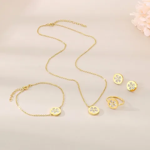 Elegant Flower Stainless Steel Jewelry Necklace Bracelet Ring Earrings Rhinestone Shell Inlay Fashion Clavicle Chain