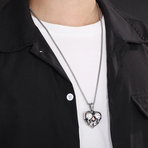 Collana Con Ciondolo A Cuore Con Teschio Punk Gothic Acciaio Inossidabile Zircone Rosso Pietra Preziosa Gioielli Vintage Regalo Unisex