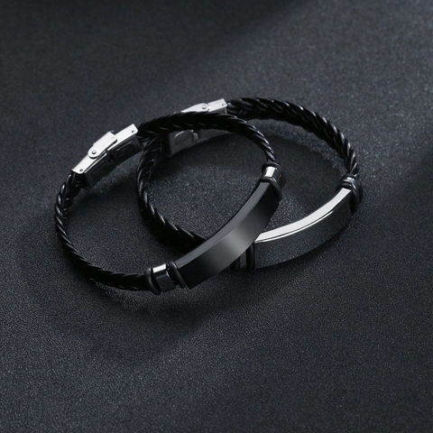 Men's Braided Leather Silicone Bracelet With Stainless Steel ID Plate Minimalist Fashion Punk Jewelry For Daily Wear