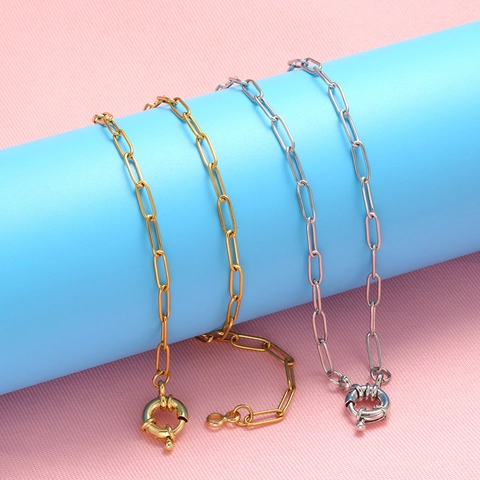 Paperclip Link Chain Necklace Large Spring Ring Clasp Brass 18K Gold Plated Minimalist Industrial Style Jewelry For Women