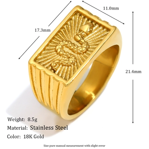 Vintage Stainless Steel Snake Signet Ring For Women 18K Gold Plated Square Plate Embossed Animal Motif Statement Finger Ring Jewelry