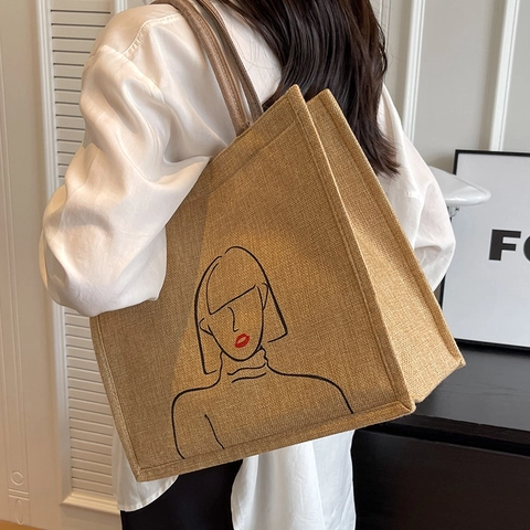 Large Capacity Jute Tote Bag For Women Ethnic Mandala Elephant Printed Cotton Linen Handbag Casual Shopping Shoulder Bag