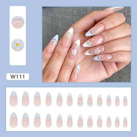Fresh Light Blue French Tip Press On Nails Almond Shape White Daisy Flower Pattern Glossy Glue On Fake Nails For Women Daily Summer