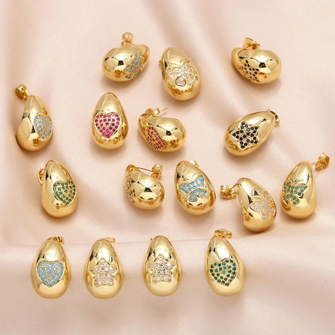 Minimalist Copper Zirconia Water Drop Stud Earrings For Women Gold Plated Heart Butterfly Star Patterns Fashion Jewelry