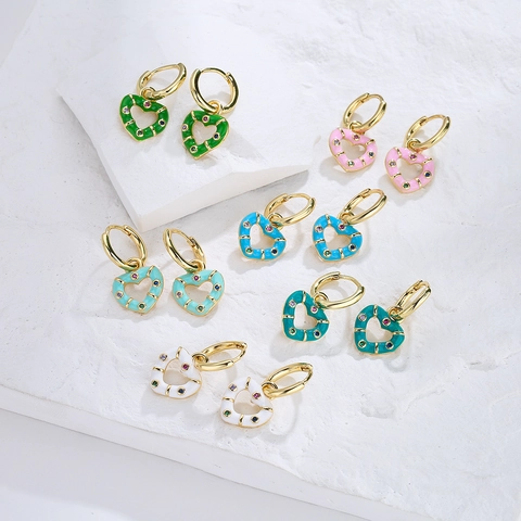 Heart Pendant Hoop Earrings Copper Real Gold Plated Enamel Colorful Zircon Bohemian Niche Design Jewelry For Women