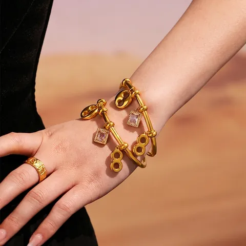 Stainless Steel Bangle Bracelet With 5A Square Zircon And Number 8 Geometric Charms Gold Plated Color Retention Jewelry