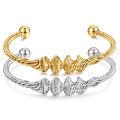 Bracciale Rigido Aperto in Acciaio Inossidabile Avvolto a Spirale per Donna Bracciale a Molla Placcato Oro Argento Con Terminali a Sfera Gioielli di Moda