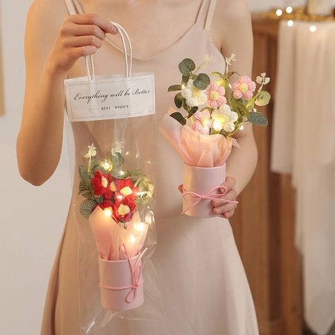 Hand-Knitted Rose Bouquet In Pink Pot With Warm LED Light String And Handbag Artificial Yarn Flower Decor Birthday Gift