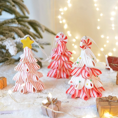 Christmas Tree Hanging Ornaments PVC Polymer Clay Red White Striped Candy Cane Layered Design With Star Top Festive Holiday Decor