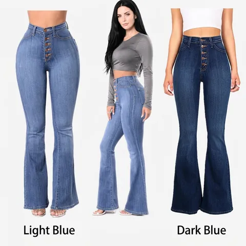 Women High Waist Slim Fit Flared Jeans Elastic Hip Lift Washed Denim Bell Bottom Pants Elegant Multi Button Trousers