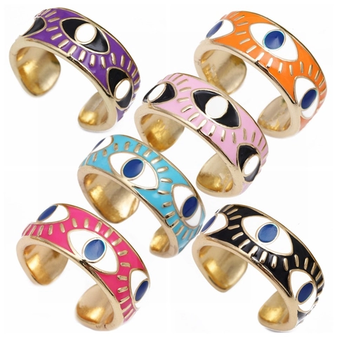 Boze Oog Verstelbare Ring Koper Verguld Emaille Kleurrijke Turkse Oog Sieraden Voor Vrouwen Boho Etnische Stijl