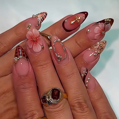 Press On Nails Handmade Leopard Print With 3D Flowers Rhinestones Almond Shape Pink Burgundy Gradient Fake Nails For Women