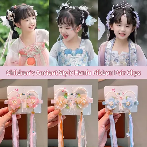 Kids Girls Hanfu Hair Clips Floral Butterfly Tassel Long Ribbon Chinese Style Hairpins Alloy Simulated Artificial Pearl Accessories