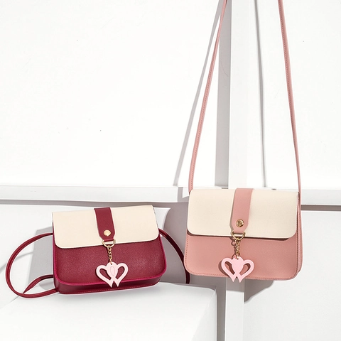 Borsa per Cellulare in Pelle PU Stile Coreano da Donna Borsa a Tracolla Quadrata Piccola a Colori Con Pendaglio a Cuore