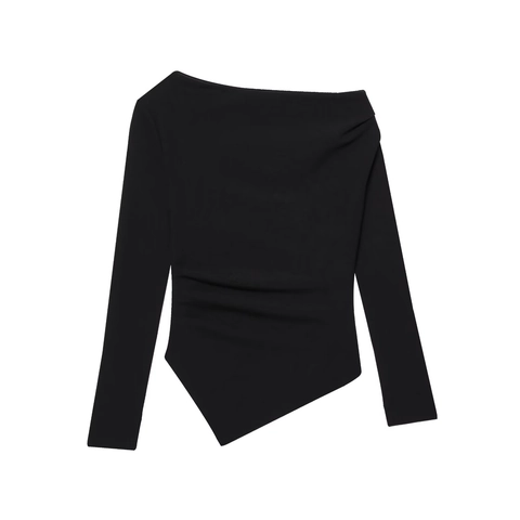 Asymmetric Neck Long Sleeve Top Ruched Side Irregular Hem Polyester Slim Fit Streetwear Casual Solid Color T-Shirt For Women