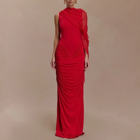Robe De Soiree Elegante Avec Chale En Mesh Et Fronces Robe Maxi Sexy Moulante Sans Manches Col Rond Pour Femmes