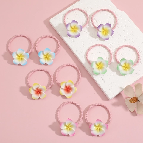Plumeria Flower Gradient Resin Elastic Hair Ties Cute No-Hurt Ponytail Holders For Kids Girls Daily Use