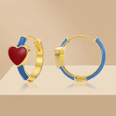 Créoles En Forme De Coeur En Cuivre Plaqué Or 18K Avec Émail Rouge Bleu Contraste Mode Douce Pour Femmes