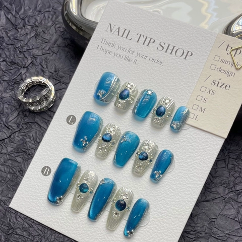 Uñas Postizas Press On Ojo De Gato Azul Hechas A Mano Lujo Zafiro Estrás Textura Relieve Decoración Metálica Mujer